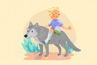 Kinderbild eines blonden Jungen der auf einem Wolf sitzt